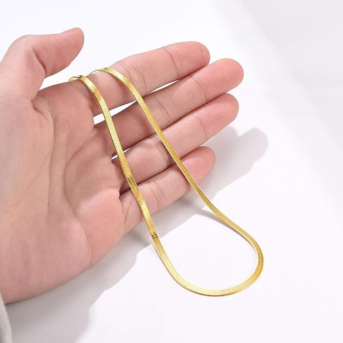 FOCALOOK 14K Gold Plated Necklaces for Women, Fashion Herringbone Choker Necklace Stainless Steel Flat Snake Chain 3/5MM(W) 12.5"/15"/18"+3.5"(L) - color: 3MM-14K Gold-12.5"