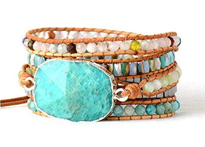 Boho Wrap Bracelet for Women, Handmade Natural Imperial Jasper Multi-Layer Stone Beaded Bracelet, Bohemian Healing Crystal Stone Jewelry Gifts - color: Amazonite