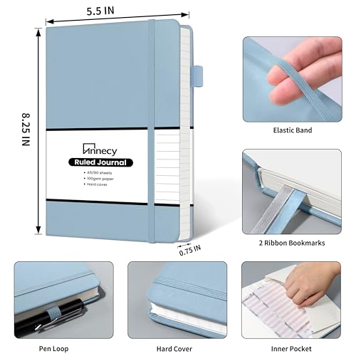Annecy Lined Journal Notebook, Hardcover Leather Journal for Women & Men, 160 Numbered Pages, Medium 5.5" x 8.25", 100 GSM Thick Paper, Haze Blue - color: Haze Blue, style: Lined
