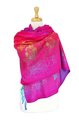 PASKMLNA Double Side Multi Colors Silky Tropical Colorful Exotic Pashmina Wrap Shawl Scarf Rave - color: 051-hotpink Multi Feathers