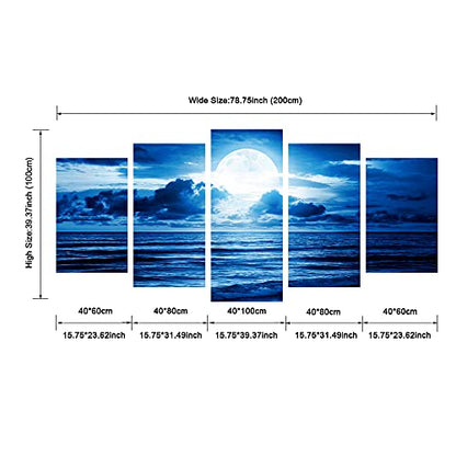 Pyradecor Extra Large Blue Clouds 5 Panels Moon Sea Beach Canvas Wall Art Modern Landscape Canvas Prints Pictures Artwork for Living Room Bedroom Home Decorations - size: 16x24inchx2pcs,16x32inchx2pcs,16x40inchx1pc