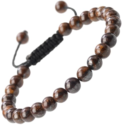 MASSIVE BEADS Natural Healing Power Gemstone Crystal Beads Unisex Adjustable Macrame Bracelets - color: Bronzite, size: 6mm