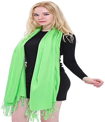 CJ Apparel Solid Color Tassels Design Nepalese Shawl Scarf Wrap Stole Throw Head Wrap Pashmina Gift Hand Made in Nepal New - color: Bright Green