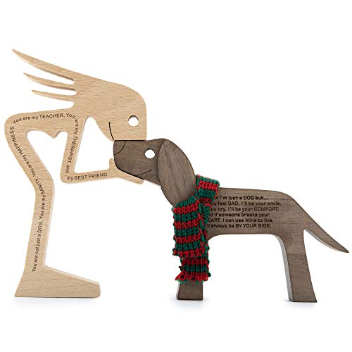 Girl and Dog Wood Sculpture Room Decor Carved Wooden Figurines Desk Decorations Home Accents Pet Lover Gifts(Large Size) - color: Women+dog Words Engraved