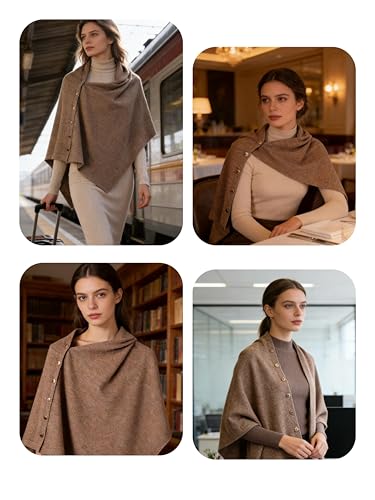 Women's Versatile Knitted Shawls Scarf Poncho Sweater Capes with Buttons Lightweight Spring Summer Fall Winter Wraps - color: Oatmeal