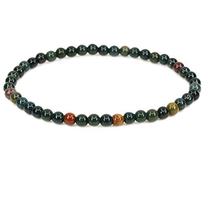 Keleny 4mm Natural Round Beads Gemstones Rock Crystal Stretch Bracelet 7 Inch Unisex - color: Green Bloodstone Heliotrope
