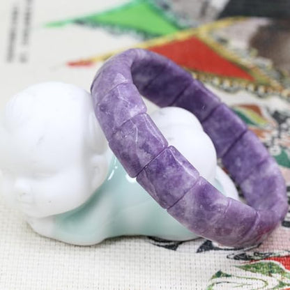 Keleny Gemstones Semi Precious 15mm Square Grain Faceted Beaded Stretch Bangle 7.5 Inch Unisex - color: A Grade Purple Lepidolite Lithium Mica