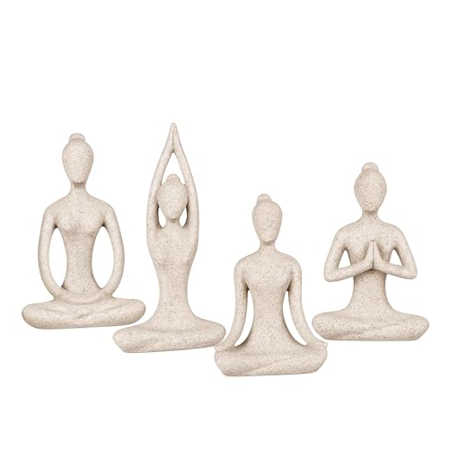 OwMell Lot of 4 Meditation Yoga Pose Statue Figurine Ceramic Yoga Figure Set Decor - Stone - color: Stone