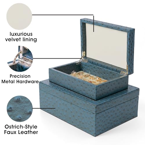 Decorative Storage Boxes Set of 2 Faux Ostrich Leather Decorative Boxes with Lids Large Nesting Jewelry Boxes, Photo Memory Box Modern Home Decor