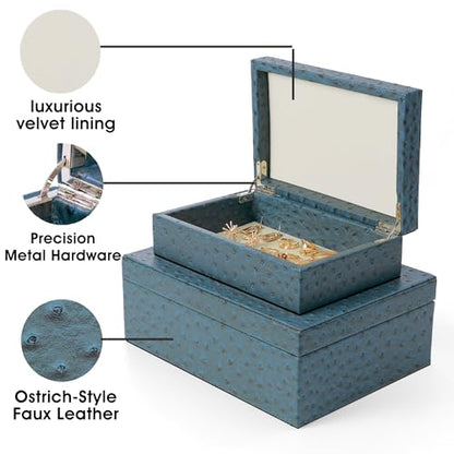 Decorative Storage Boxes Set of 2 Faux Ostrich Leather Decorative Boxes with Lids Large Nesting Jewelry Boxes, Photo Memory Box Modern Home Decor