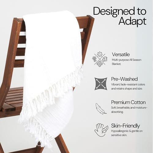 Salt Earth 100% Cotton Muslin Throw Blanket, Gauze Blanket 50"X60" Throw with Tassel 4 Layered for Couch, Bed, Living Room, Lightweight & All Season Blankets & Throws, Nature & Skin Friendly(White) - color: White, size: 50"X60" Throw