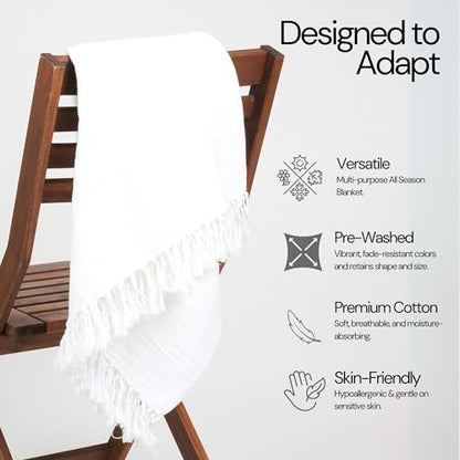 Salt Earth 100% Cotton Muslin Throw Blanket, Gauze Blanket 50"X60" Throw with Tassel 4 Layered for Couch, Bed, Living Room, Lightweight & All Season Blankets & Throws, Nature & Skin Friendly(White) - color: White, size: 50"X60" Throw