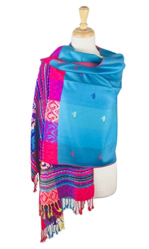 PASKMLNA Double Side Multi Colors Silky Tropical Colorful Exotic Pashmina Wrap Shawl Scarf Rave - color: #7turquoise Blue