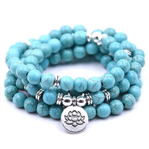 108 Mala Beads Bracelet Necklace - Gemstone Prayer Beads with Lotus Charm for Meditation & Yoga - style: Turquoise
