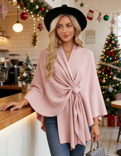 PULI Women's Elegant Shawl Wraps Soft Open Front Poncho Sweater for Spring Fall Winter - color: Front Tab-pink