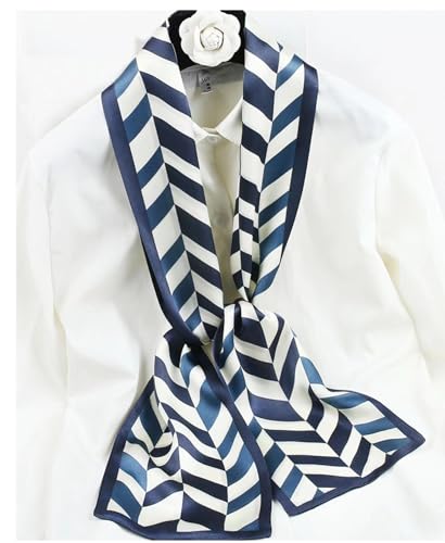 100% Silk Scarf for Women 59”*6.3” Long Shawls for Headscarf and Neck- Oblong Hair Wraps with Gift Packed - color: White&blue Geometry