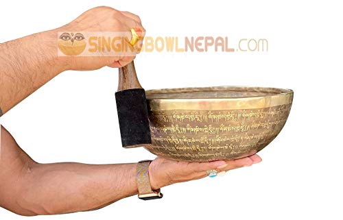 11" Healing Mantra Carved Buddha Root C Note Tibetan Singing Bowl, Hand Hammered Nepal Yoga Singing Bowls with Cushion & Mallet Striker