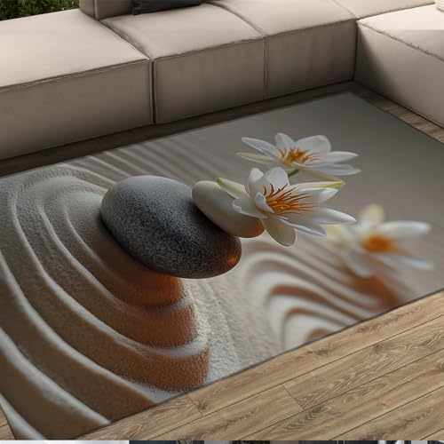 Oriental Style Rugs Stacked Stones Sand Swirl White Orchid Print Floor Mat Meditation Spaces Thin Carpet for Tea Room Yoga Spa 2'x3' - color: Colorful-14, size: 2'x3'