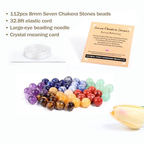 AD Beads 8mm Natural Round Loose Beads 110 Pieces, for Making 108 Mala Prayer Beads Necklace, Bracelet & Yoga Meditation, Jewelry Design (7 Chakra Beads) - color: 7 Chakra Beads, size: 8mm-110pcs