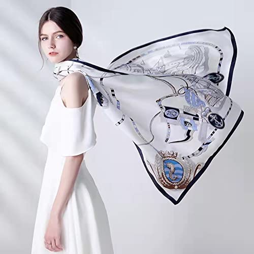 100% Mulberry Silk Long Scarf for Women Large Shawls for Headscarf and Neck- Oblong Hair Wraps with Gift Packed - color: White&blue-sailing