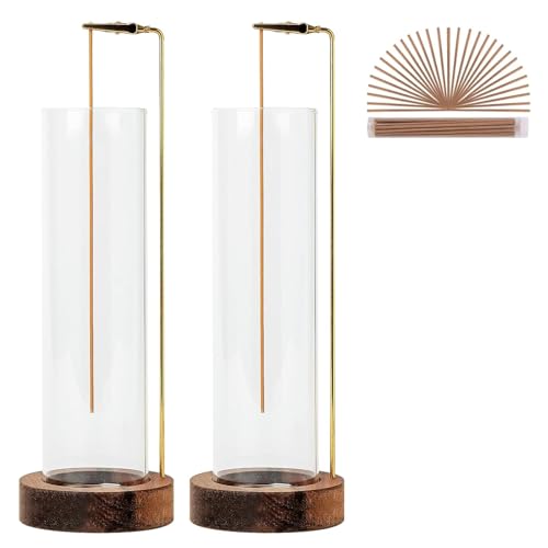 Incense Holder for Sticks, Anti-Ash Flying Incense Burner with 30 Incense Sticks, Detachable Glass Ash Catcher (Wood, Brown-2Pcs)