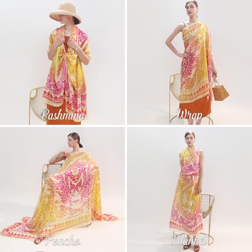 100% Mulberry Extra Large Silk Pashmina Scarf Shawls And Wraps For Women Evening Dress Summer Travel Floral Blanket - color: 66 Yellow&pink