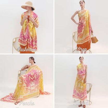 100% Mulberry Extra Large Silk Pashmina Scarf Shawls And Wraps For Women Evening Dress Summer Travel Floral Blanket - color: 66 Yellow&pink