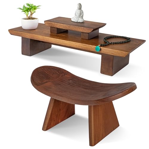 Meditation Altar Table and Meditation Ergonomic Kneeling Bench Bundle - Made of Strong and Durable Mango Wood