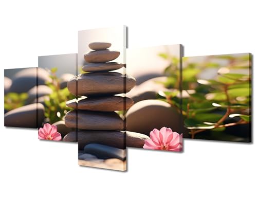 Wall Art Stacked Zen Stones Pictures Zen Paintings 5 Panels Printed on Canvas Artwork Modern Home Decoration Giclee Wooden Framed Gallery-Wrapped Ready to Hang, 50" Wx24 H - color: Artwork-06, size: 50"Wx24"H