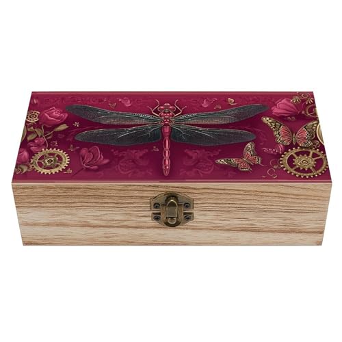 Steampunk Dragonfly Vintage Wooden Storage Box with Hinged Lid – Rustic Natural Wood Keepsake Box for Jewelry, Trinkets, And Photos – Decorative Small Chest Organizer (7.9" X 3.9" X 2.3") - color: black-7