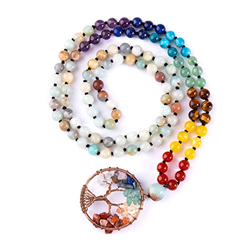 Bivei 108 Mala Beads Necklace Life Tree 7 Chakra Wrap Bracelet Real Healing Gemstone Yoga Meditation Hand Knotted Mala Prayer Bead Necklace - color: Amazonite, size: 6mm