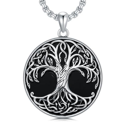 Tree of Life Necklace 925 Sterling Silver Round Tree of Life Pendant Jewelry for Men Women, w/Stainless Steel Chain 22''+2'' - style: A06-Obsidian
