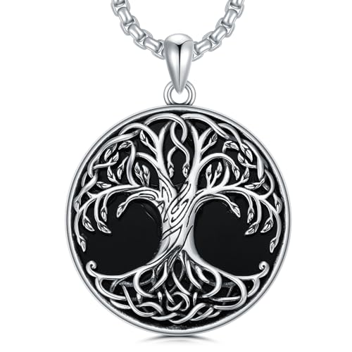 Tree of Life Necklace 925 Sterling Silver Round Tree of Life Pendant Jewelry for Men Women, w/Stainless Steel Chain 22''+2'' - style: A06-Obsidian