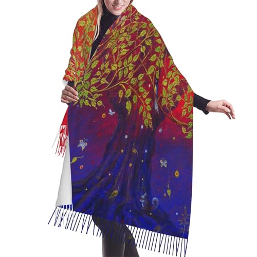 Sacred Bodhi Tree Of Life Themed Eastern Ancient Growth Ethnic Artwork Print Women'S Faux Cashmere Tassel Shawl Warm Soft Poncho Scarf Oversized Blanket Scarf For Fall Winter