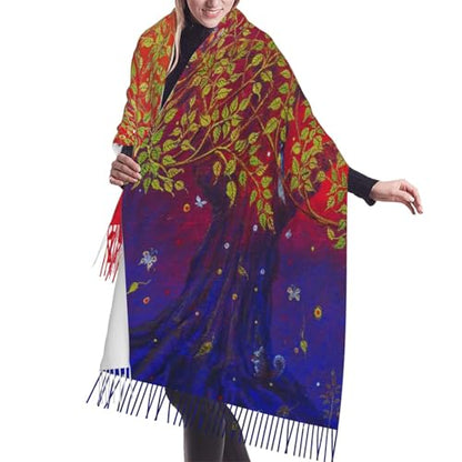 Sacred Bodhi Tree Of Life Themed Eastern Ancient Growth Ethnic Artwork Print Women'S Faux Cashmere Tassel Shawl Warm Soft Poncho Scarf Oversized Blanket Scarf For Fall Winter