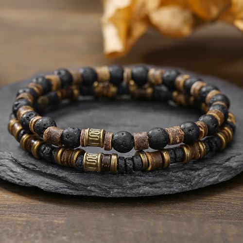 Puka Shell Bracelet for Men Wooden Bracelets Turquoise Stack Beaded Minimalist Trendy Jewelry for Friend Gift - style: 2pcs-Brown Black