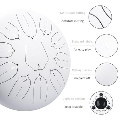 Steel Tongue Drum 12 Inch 11 Notes for Adults - Ethereal Metal Instrument for Meditation & Yoga with Music Book, Mallets & Carry Bag (White) - color: White