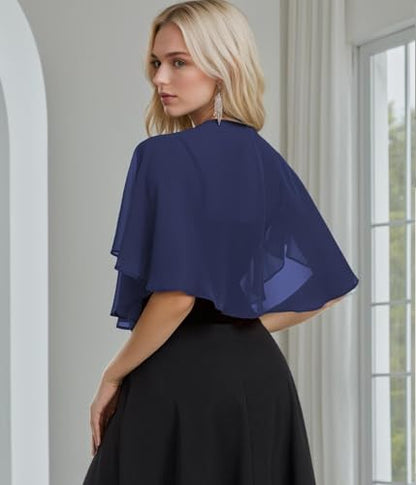 TONGFANTFL Women's Soft Chiffon Capelets Shawls and Wraps for Evening Wedding Cape Bole Cover Up - color: Navy