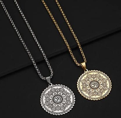 Om Symbol Lotus Necklace For Men Women Stainless Steel Chakra Meditation Necklace Lotus Om Symbol Pendant Necklace Viking Jewelry Healing Gift - color: silver