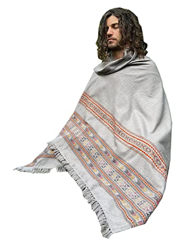 AJJAYA SAMADHI Meditation Prayer Shawl Rhino Grey Blanket Cosy Cashmere Yak Wool Tibetan Lahsa Winter Tribal Celtic Embroidery Boho Zen