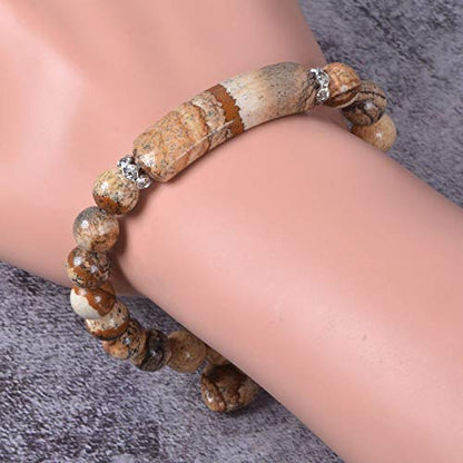 Justinstones Gem Semi Precious Gemstone Love Heart Charm Stretch Beaded Bracelet Unisex - color: Picture jasper