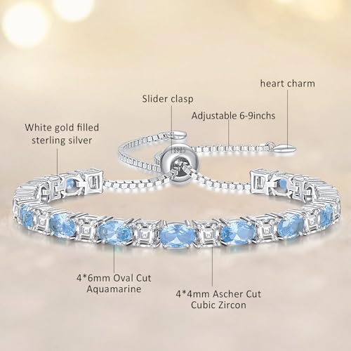 Sterling Silver Birthstone Bracelets for Women White Gold Tennis Bracelets Adjustable Chain 6-9 Inchs Jewelry Hypoallergenic Anniversary Birthday Gifts for Women Mom Wife Her - color: 03-Aquamarine