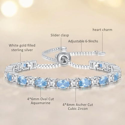 Sterling Silver Birthstone Bracelets for Women White Gold Tennis Bracelets Adjustable Chain 6-9 Inchs Jewelry Hypoallergenic Anniversary Birthday Gifts for Women Mom Wife Her - color: 03-Aquamarine
