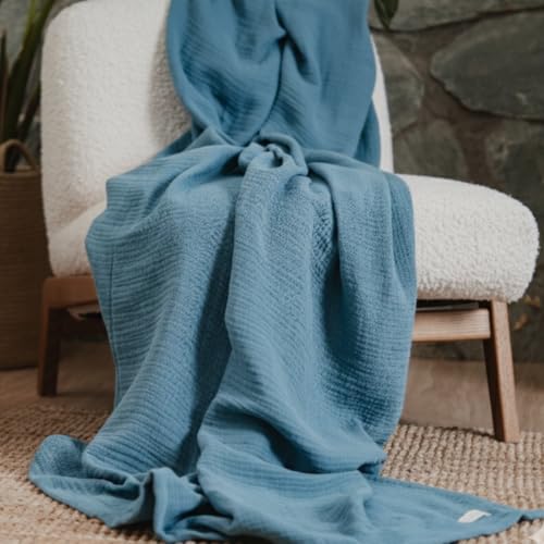Goqan Throw Blanket 55x60 – 100% Turkish Cotton 4 Layer Boho Muslin Blanket for Adults, Four Season Blanket Lightweight and Thin, Soft, Breathable for Bed, Couch, Picnic - Teal - color: Teal, size: Large Throw (55"x60")