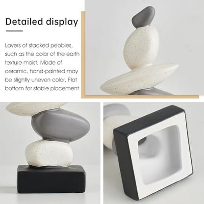 Octdays Fake Sandstone Statue Living Room Decor, Modern Ceramic Stacked Stone Sculptures Zen Decor, Stone Statue Decorations for Coffee Table Shelf Bookshelf Desk, Gifts for Good Luck (Gray & White)