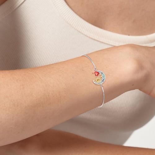 925 Sterling Silver Moon and Sun Star Adjustable Link Bracelet for Women with 12 Month Birthstone Birthday Jewelry - style: 01 - Jan.