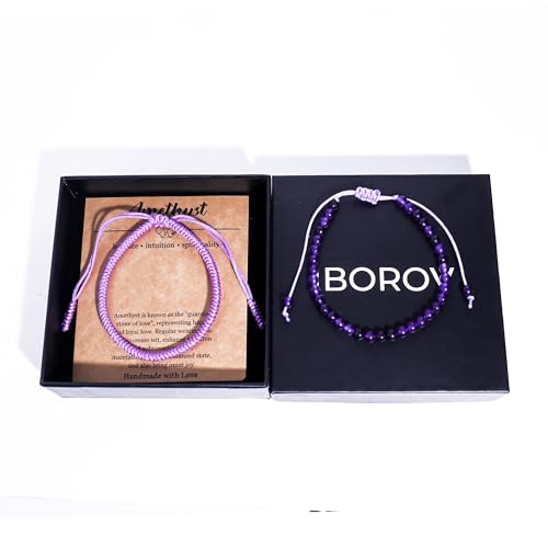 Natural Stone Healing Bracelet Tibetan Braided Style with Adjustable Rope String & Protective Energy Jewelry Gift for Womens & Men - color: Amethyst-Purple