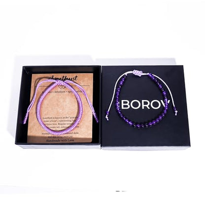 Natural Stone Healing Bracelet Tibetan Braided Style with Adjustable Rope String & Protective Energy Jewelry Gift for Womens & Men - color: Amethyst-Purple