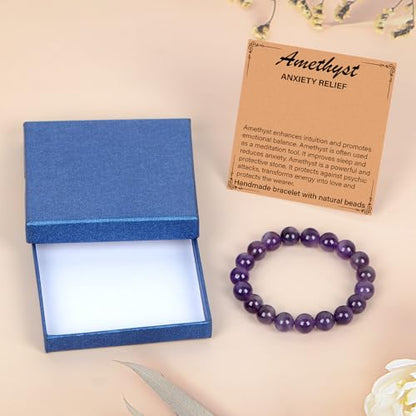 LPBeads Handmade Natural Gemstone Stretch Elastic Bracelet Healing Crystal Round Stone Beads Jewelry Gifts for Women Men - color: Amethyst, size: 10mm