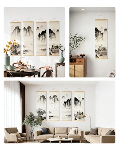 TaraZen Landscape Wall Painting Set of 4 - Chinese Ink Mountain River Scroll, Vertical Asian Wall Art Decor with Wood Frame for Living Room, Bedroom & Office - style: Asian